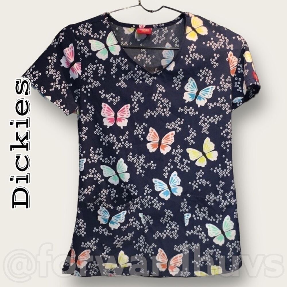 Dickies Nursing Scrub Top with Butterflies X-Small